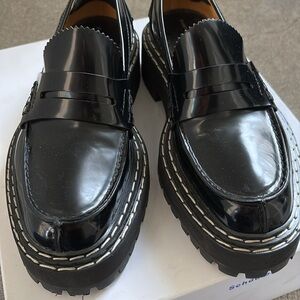 Like NEW Proenza Schouler 38.5 black loafers lug sole w white contrast stitching
